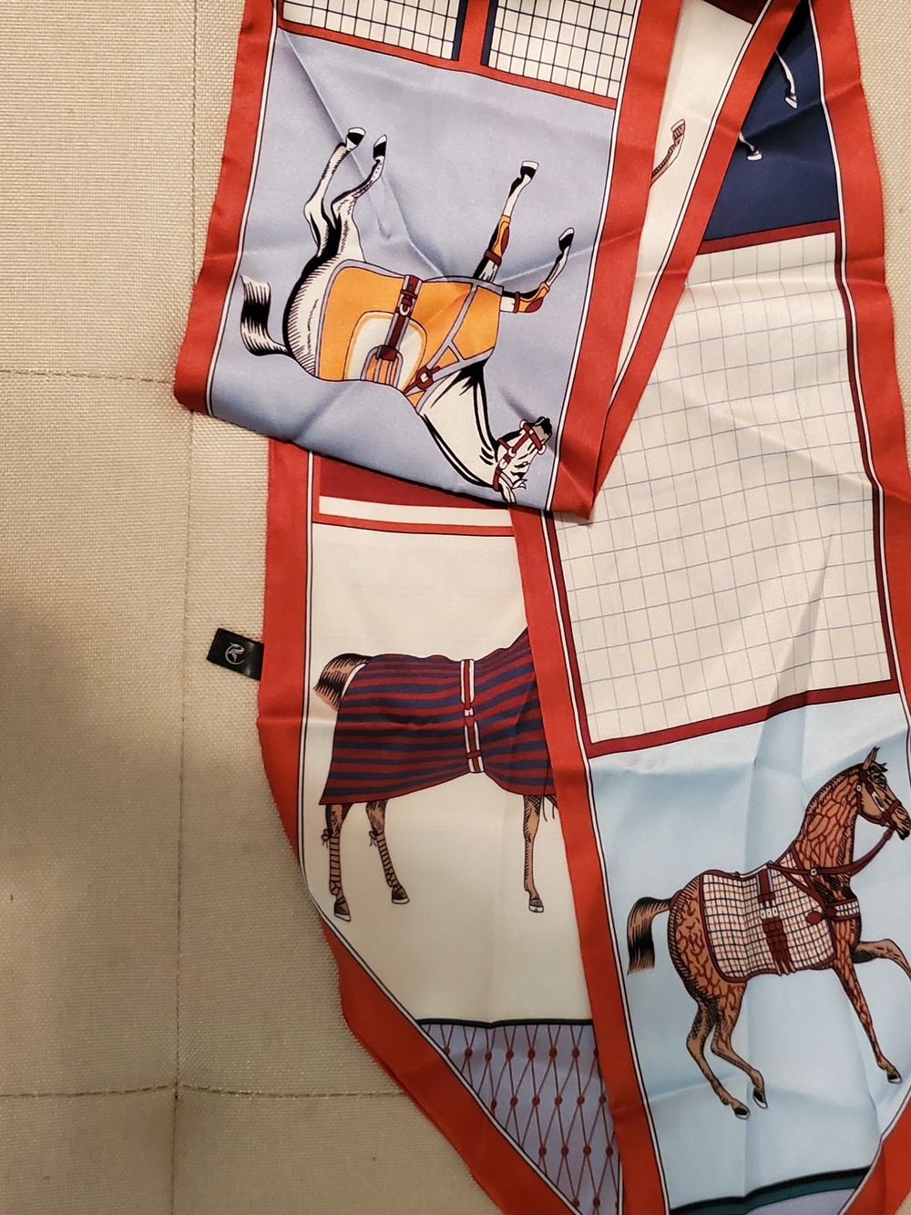 Equestrian Print Red-Trim Silk Scarf